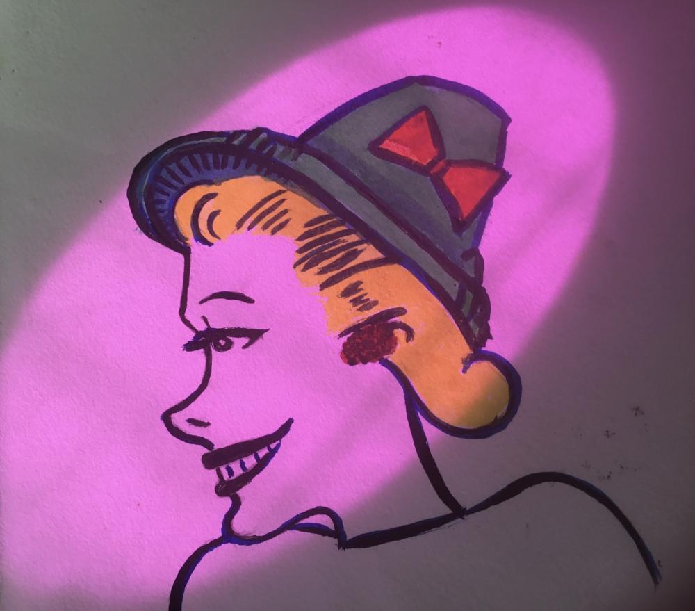 Drawing of Tess Trueheart ( Dick Tracy’s sweet heart) lit by sunshine passing through a cerise violet spotlight.