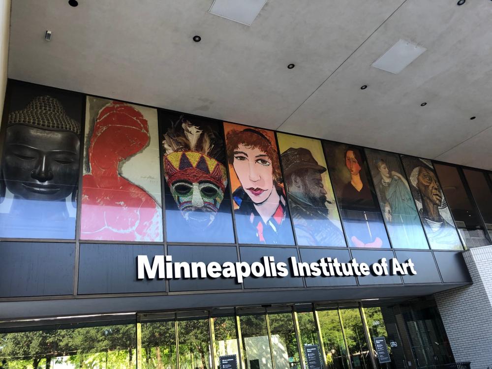 Portrait of Mary Esch 1992 in permanent collection of Minneapolis Institute of Art  August 22 until November 29, 2020.  On widow sign above main entrance. 