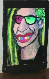 Model Pamela Gaard was painting in car barn August summer 2021 - I sat in on second sitting-  I painted the fluorescent colors after a time away from model. The teeth were typical of faces I had been doing.