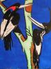 Painting of extinct woodpeckers hanging in our bedroom since it was sold to a friend and portrait client. My idea of Pam and I as lovers.  As extinct woodpeckers . Acrylic on BFK Rivers paper  regular portrait format unsigned undated made before 2012.